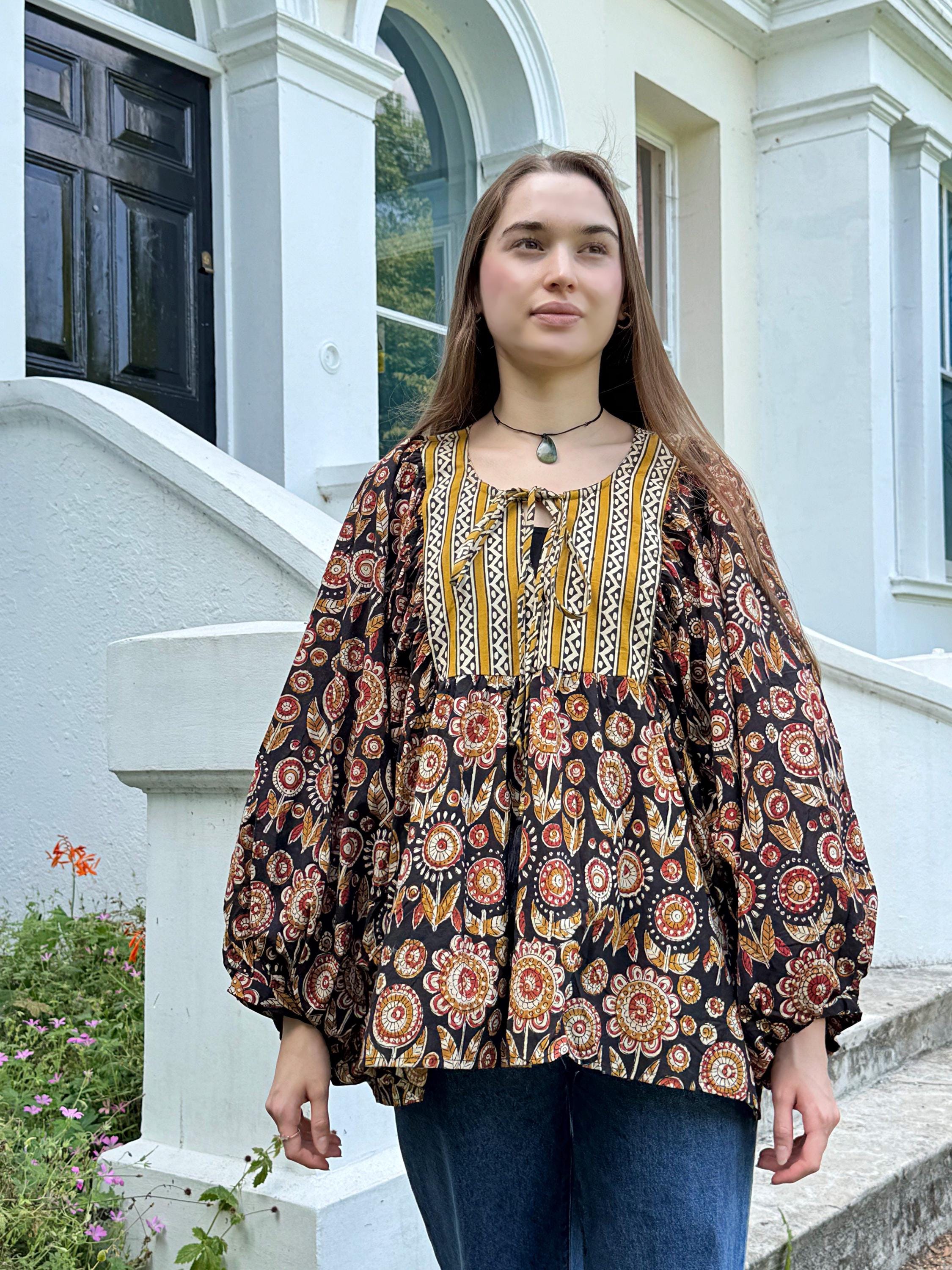Pure Cotton Earthy Floral Bohemian Blouse Top Indian Bagru Block