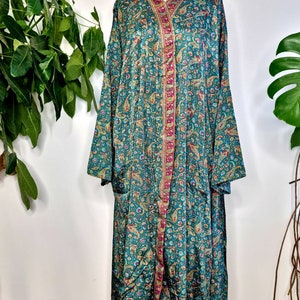 New Silk Sari Boho Kimono Regal House Robe Luxury Lounge Digital Print Flowy Gown Regal Green Red Paisley Floral Duster Beach Coverup image 5