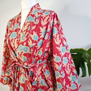 Pure Cotton Handprinted House Robe Tropical Kimono - Forest Red Aqua Floral Paradise Beach Coverup/Comfy Maternity | Christmas Quirky Vibe