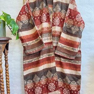 Unisex Yak Wool Blend  Kimono/Robe – Regal Brick Deep Maroon Beige  Urban Floral Geometric Print Warm Hygge Christmas