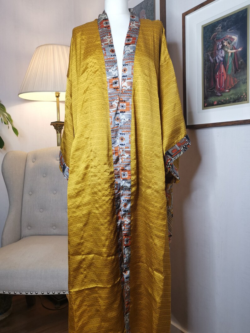 Recycled Silk Satin Mix Sari Boho Kimonos Regal House Robe Gold Mustard Urban Artistic Floral Duster Beach Coverup