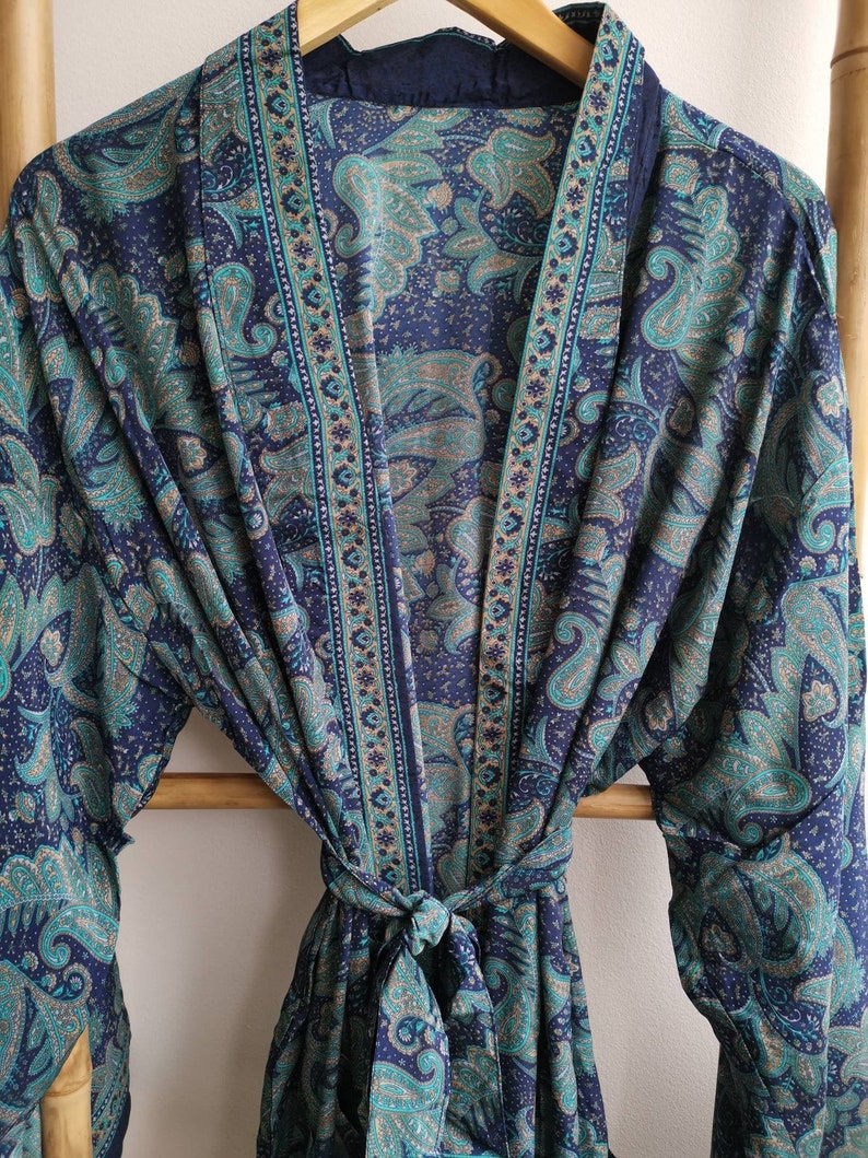 Men's Silk Boho Kimonos Man House Beach Artist Robe Navy Paisley Regal Romance image 2