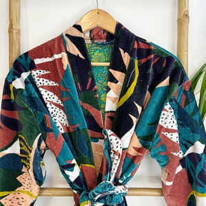 Luxury Velvet House Robe Unisex Kimono Boho Jacket | Quirky Autumn Winter Christmas Gift Deep Green Blue Beige White Rust Mustard Abstract