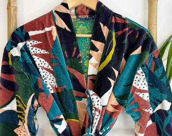 Luxury Velvet House Robe Unisex Kimono Boho Jacket | Quirky Autumn Winter Christmas Gift Deep Green Blue Beige White Rust Mustard Abstract