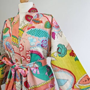 Reine Baumwolle Handbedruckt Haus Robe Sommer Kimono | Floral Beach |Schnurriges Frühlings-Pfirsich-Aqua-Gelb Boho Orientalisches Abstraktes Festival