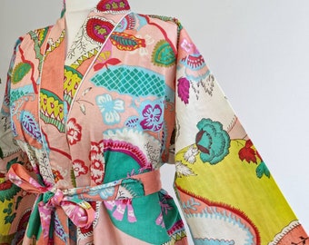 Pure Cotton Handprinted House Robe Summer Kimono | Floral Beach |Quirky Spring Peach Aqua Yellow Boho Oriental Abstract Festival