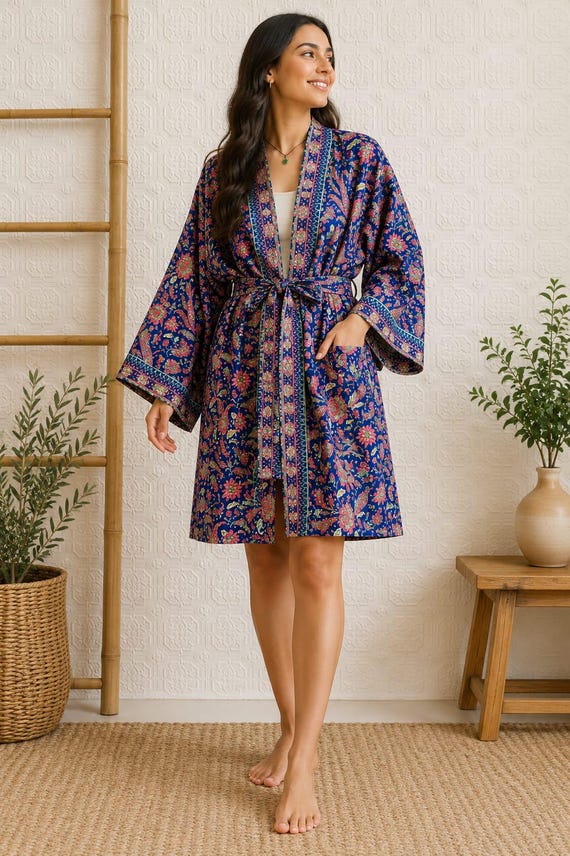 knee length kimono dress New Silky Sari Boho Short Regal House Robe Lounge Digital Flowy Gown Japanese kimono