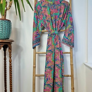 New Silky Sari Boho Kimono Regal House Robe Luxury Lounge Digital Print Flowy Gown Quirky Colourful Aqua Blue Pink Paisley Persian Holiday image 7