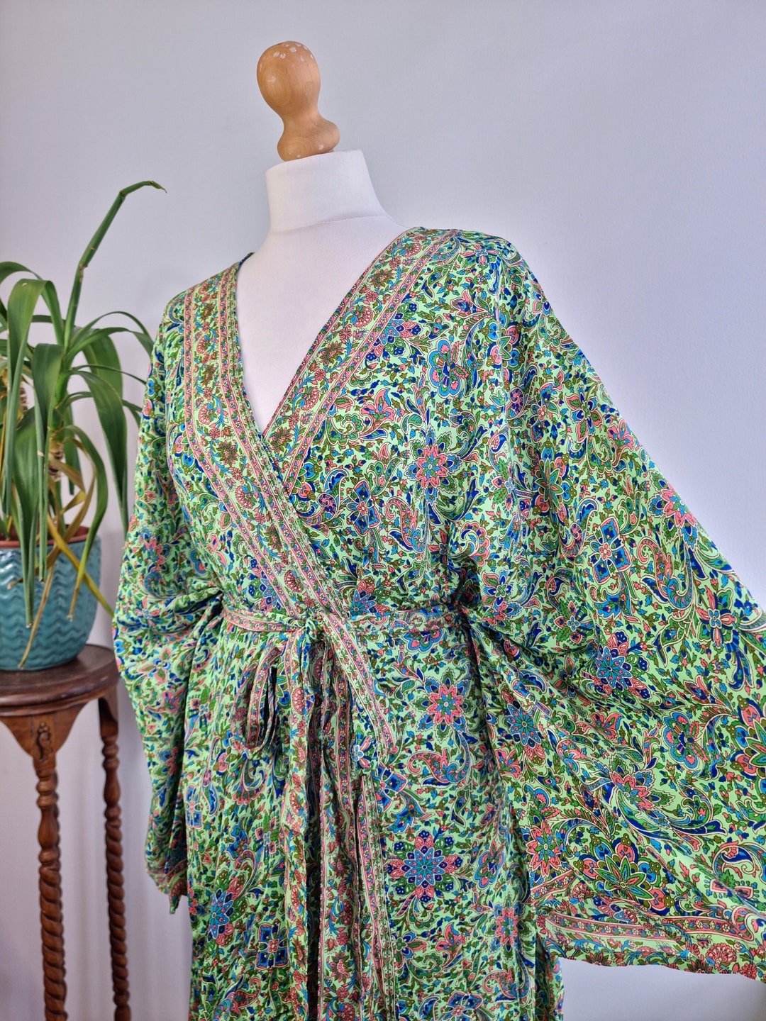 Vintage Silk Sari Boho Kimono | Luxury Loungewear House Robe Flowy Gown, Regal Floral Romance Duster Beach CoverUp, Bridesmaid Dressing Gown