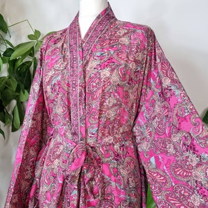 New Silky Sari Boho Kimono Regal House Robe Luxury Lounge Flowy Gown | Rich Hot Pink | Oriental Persian Paisley Floral Duster Beach Coverup