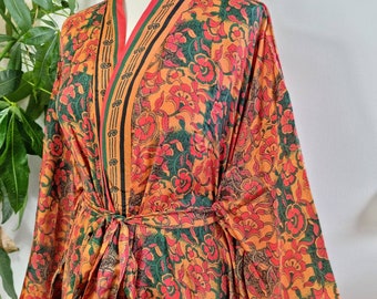 Recycled Crepe Silk Tie Dye Sari Boho Kimonos Regal House Robe Purple Green Aqua Embroidered Spring Summer Artistic Duster Beach Coverup