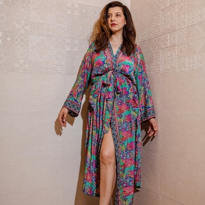 New Silky Sari Boho Kimono Regal House Robe Luxury Lounge Digital Print Flowy Gown Quirky Colourful Aqua Blue Pink Paisley Persian Holiday image 1