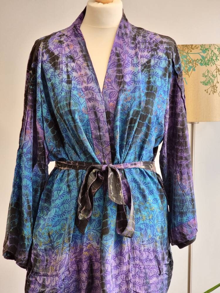 Recycled Crepe Silk Tie Dye Sari Boho Kimonos Regal House Robe Purple Green Aqua Embroidered Spring Summer Artistic Duster Beach Coverup