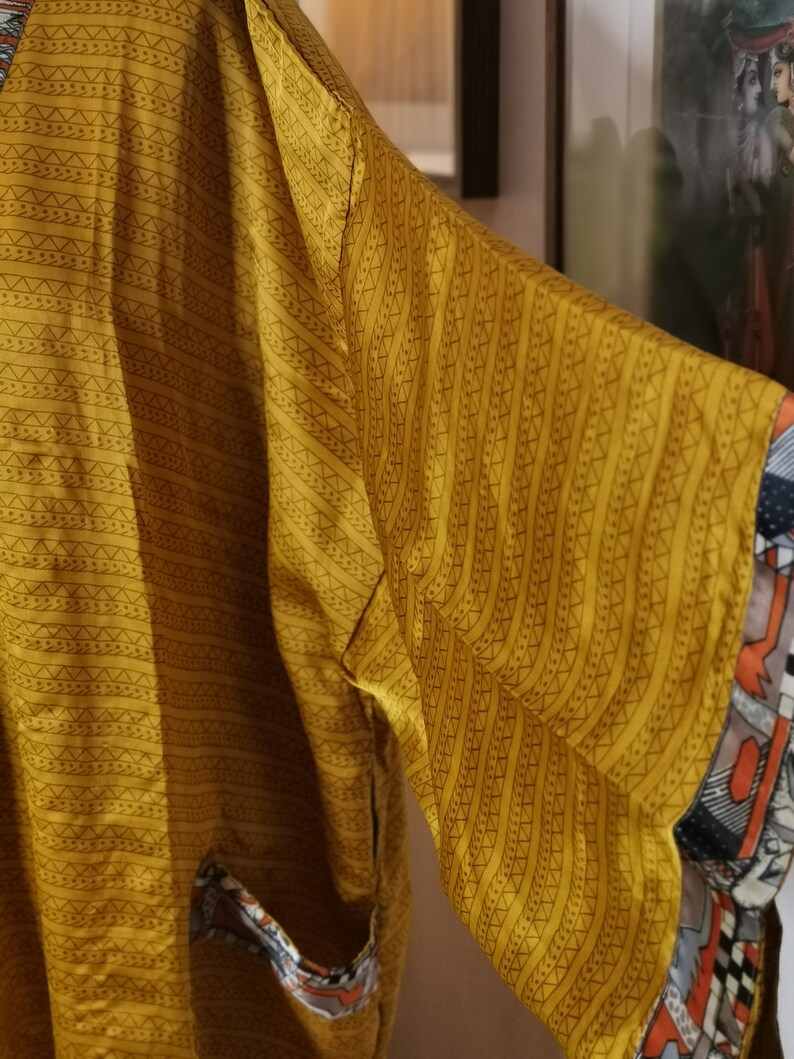 Recycled Silk Satin Mix Sari Boho Kimonos Regal House Robe Gold Mustard Urban Artistic Floral Duster Beach Coverup