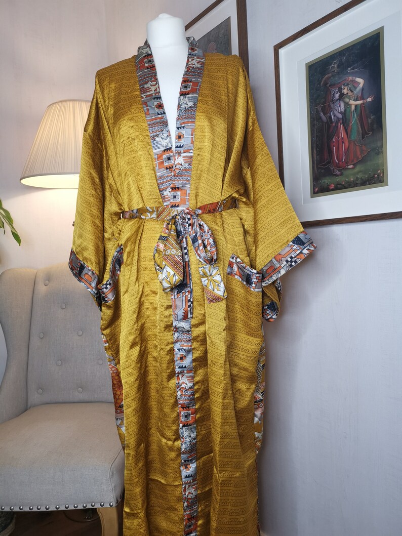 Recycled Silk Satin Mix Sari Boho Kimonos Regal House Robe Gold Mustard Urban Artistic Floral Duster Beach Coverup
