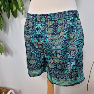 Men&#39;s Silk Shorts Boxers Boho Kimonos Man House Beach Artist Robe | Digital Abstract Wanderer Blue Green |