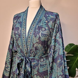 New Silk Sari Boho Kimono Regal House Robe - Luxury Lounge Digital Print Flowy Gown | Oriental Persian Navy Romance Blue | Paisley Duster