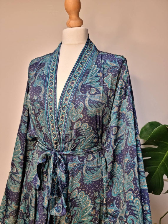 New Silk Sari Boho Kimono Regal House Robe Luxury Lounge Digital Print Flowy Gown Oriental Persian Navy Romance Blue Paisley Duster Etsy