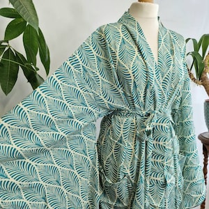 Luxe Boho Haori Kyoto Kimono Regal House Dressing Sensual Robe - Luxury Lounge Digital Flowy Bridal Gown | White Aqua Green Fern Leaves