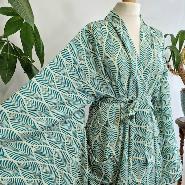 Luxe Boho Haori Kyoto Kimono Regal House Dressing Sensual Robe - Luxury Lounge Digital Flowy Bridal Gown | White Aqua Green Fern Leaves