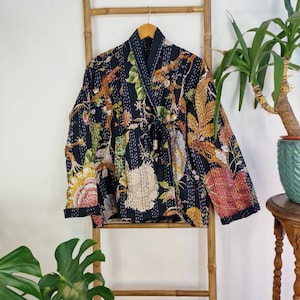 Kantha Reversible Short Length Spring Bolero Bohemian Melange Artist Front Tie Open Jacket | Black Fawn Rose Japanese Nature Garden