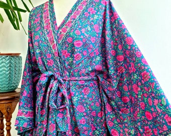 New Silky Sari Boho Kimono Regal House Robe - Luxury Lounge Digital Flowy Gown | Teal Emerald Green Pink Rose Bloom Floral Duster Coverup