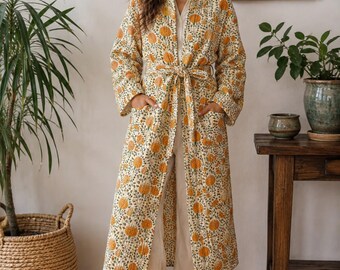 Quilted Pure Cotton Reversible Long Autumn Winter Dressing Kimono Robe Boho Indian Blockprint Classic Marigold Yellow Bloom Green Leaves