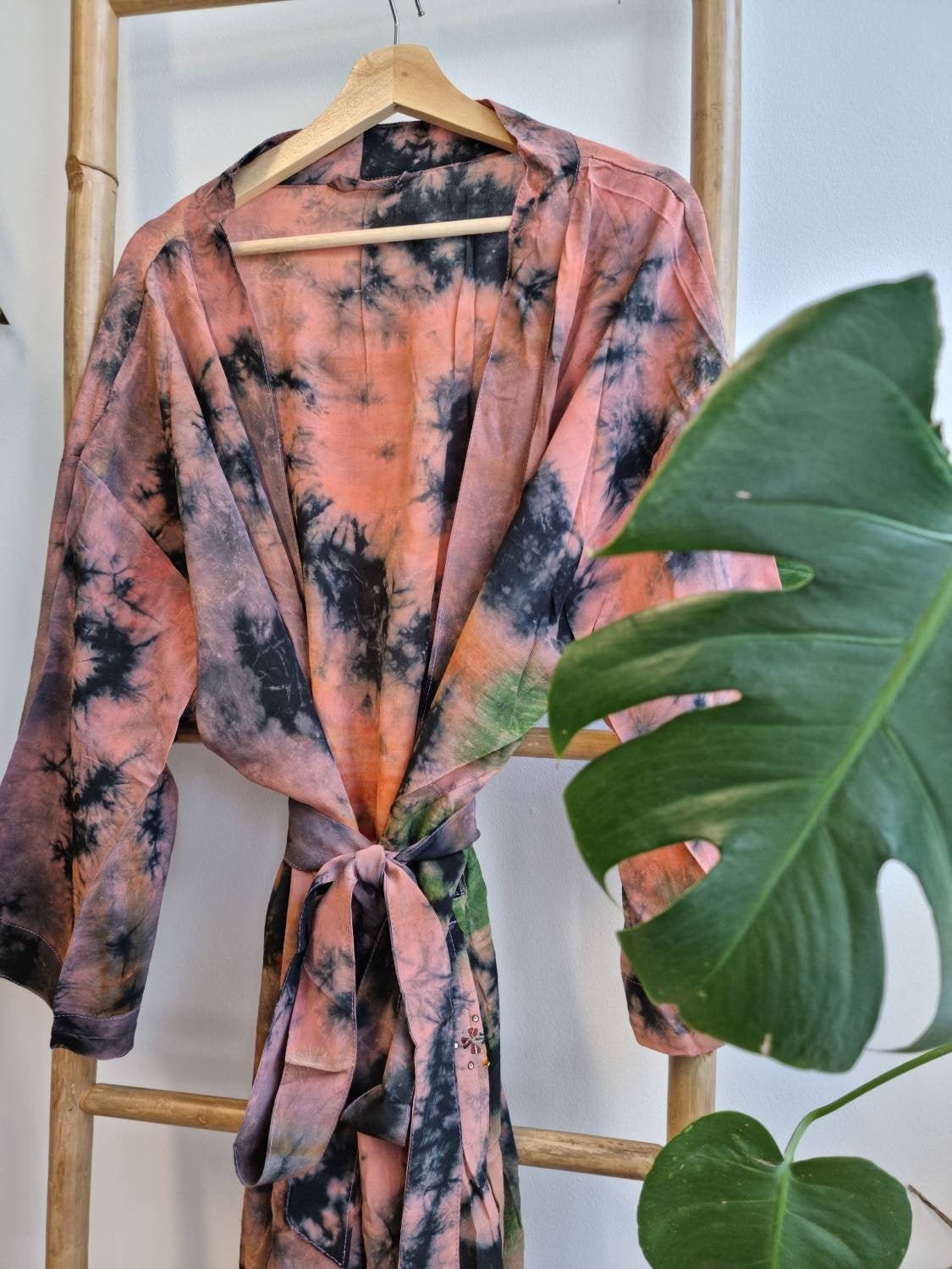 Recycled Crepe Silk Tie Dye Sari Boho Kimonos Regal House Robe Purple Green Aqua Embroidered Spring Summer Artistic Duster Beach Coverup