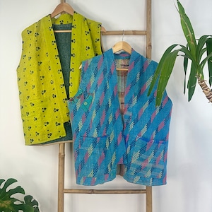 Beau vintage Kantha courte longueur sans manches sans manches veste réversible printemps artiste boléro bohème chic décontracté | Diamant turquoise bleu sarcelle
