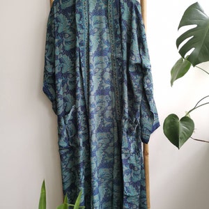 Men's Silk Boho Kimonos Man House Beach Artist Robe Navy Paisley Regal Romance image 5