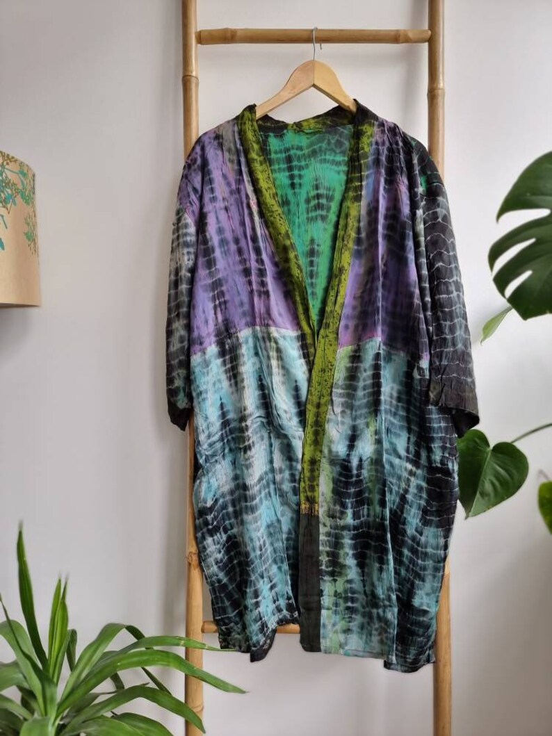 Recycled Crepe Silk Tie Dye Sari Boho Kimonos Regal House Robe Purple Green Aqua Embroidered Spring Summer Artistic Duster Beach Coverup