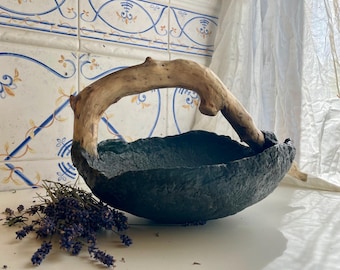 Wabi Sabi Paper Mache Bowl with Driftwood Handle – Black Organic Vessel – Waterproof Finish – Rustic Minimalist Home Decor