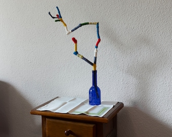 Colorful Wrapped Branch in Blue Bottle | Eco-Friendly Home Decor | Handmade, Upcycled Art Piece | Unique Sustainable Gift