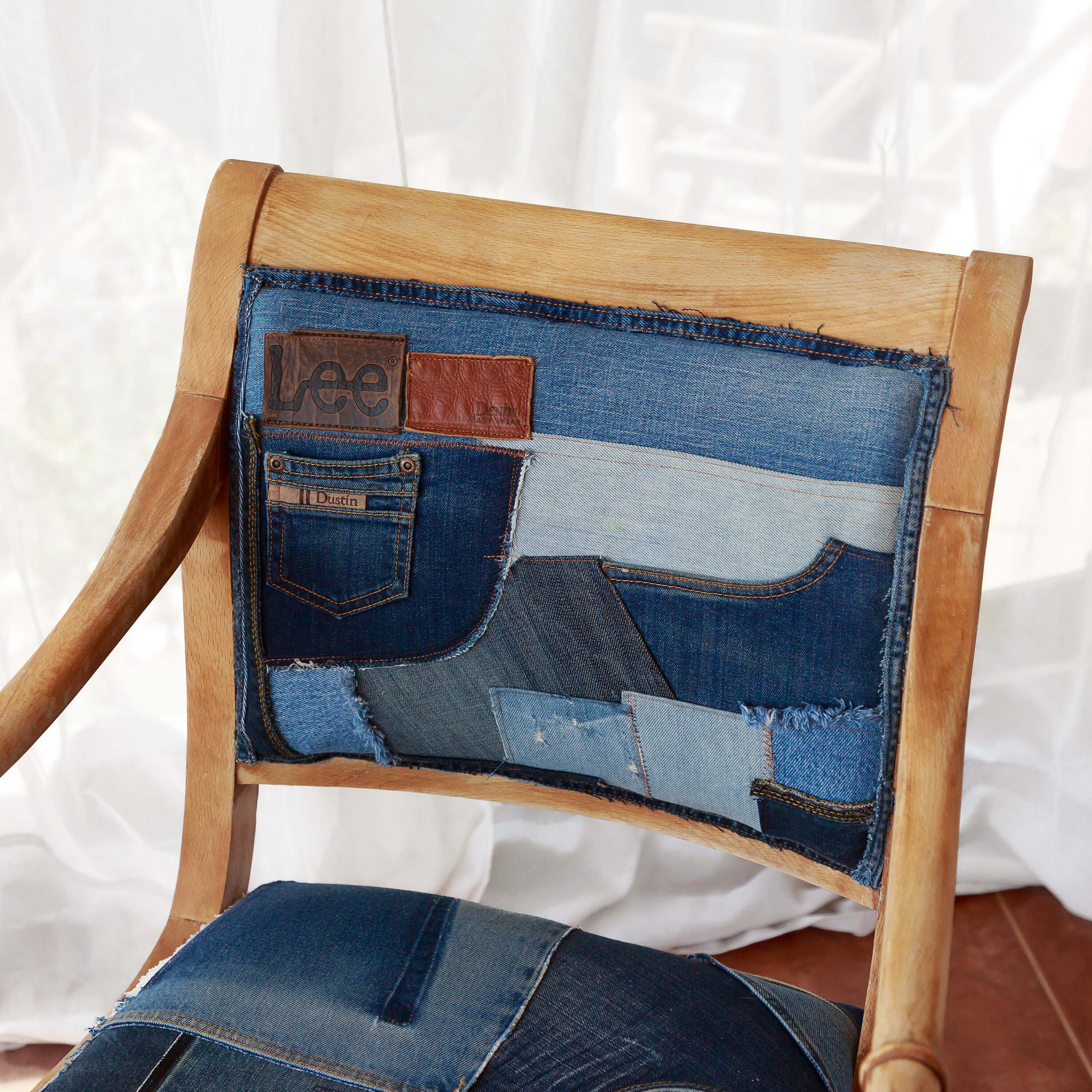 Wood Chair With Denim Cover. Upcycle Design Wood Chair. Etsy