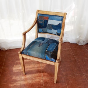 Upcycle Vintage Chair With Denim Cover - 70s Retro Design | Eco-Friendly Restored Furniture.
