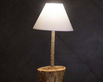 Wooden Table Lamp With White Lampshade. Natural Wood Table Lamp. Driftwood Table Lamp. Unique Wooden Table Lamp With Oak Base.