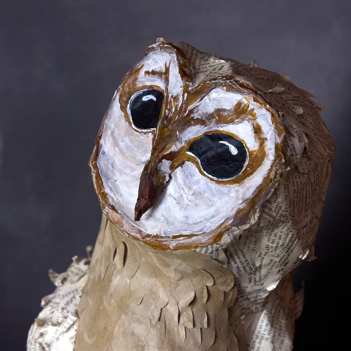 Papier mache owl sculpture . Art gift. Snowy Own. Recycled Etsy