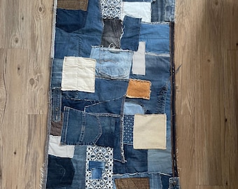 Unique Upcycled Denim Patchwork Rug, Throw, and Wall Hanging - Handmade Eco-Friendly Home Decor (97 x 60 cm)
