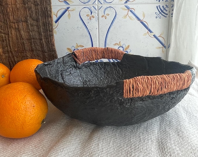 Wabi Sabi Paper Mache Bowl: Black & Gray Rustic Home Decor