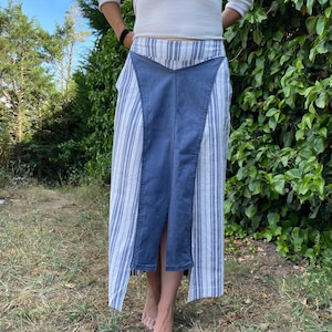 Jupe longue en patchwork recyclé - Rayures et fusion denim S/M