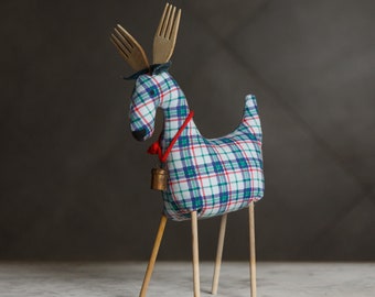 Handmade Cozy Reindeer Figure | Cozy Decor with Twig Legs and Wooden Antlers | Unique Recycled Vintage Fabric Sculpture