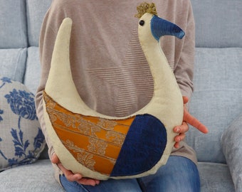 Fairy-Tale Bird Decorative Cushion | Handmade Whimsical Pillow for Sofa, Bed, and Reading Nook | Vintage Fabric Bird Cushion