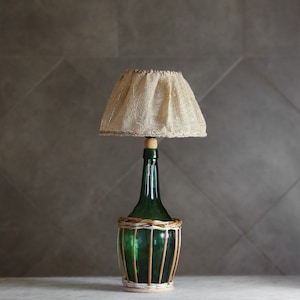 Upcycled Vintage Green Bottle Table Lamp | Handmade Eco-Friendly Lighting with Unique Burlap Shade.