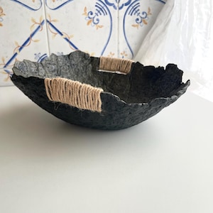 Wabi Sabi Paper Mache Bowl  – Black Organic Vessel – Waterproof Finish – Rustic Minimalist Home Decor - Gray stone bowl