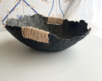 Wabi Sabi Paper Mache Bowl  – Black Organic Vessel – Waterproof Finish – Rustic Minimalist Home Decor - Gray stone bowl