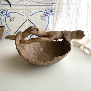 Wabi Sabi Paper Mache Bowl with Driftwood Handle – Organic Home Decor – Rustic Natural Centerpiece –Naturally Textured Bowl - Upcycled