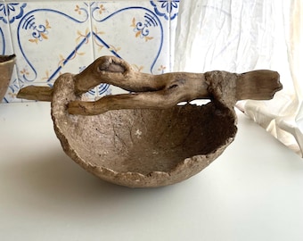 Wabi Sabi Paper Mache Bowl with Driftwood Handle – Organic Home Decor – Rustic Natural Centerpiece –Naturally Textured Bowl - Upcycled