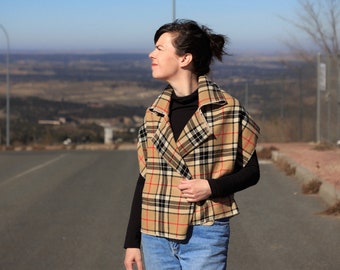 Handmade Upcycled Wool Multifunctional Vest | Sustainable Fashion, Unique Transformer Cape, Wrap, Vest, Hoodie | Handmade Tartan Check