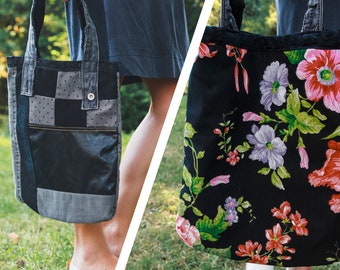 Patchwork dinim double-sided tote bag. Upcycle fashion bag. Reversible handbag. Handmade double-sided handbag. Flower Tote Bag