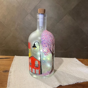 Bedside Lamp, “Magic Village”. Hand painted bottle lamp. Cherry blossoms Lamp. Recycled bottle lamp. Unique lamp. Bottle light.